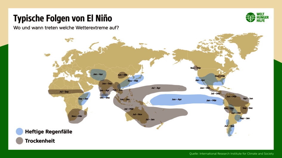 Karte: Die weltweite Verteilung von Extremregen und Trockenheit als Folgen von El Niño