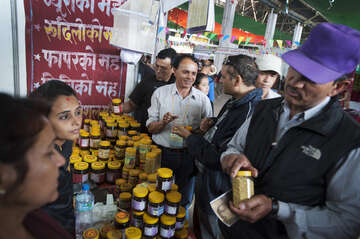 2012-honig-imker-bienen-wettbewerb-kathmandu-nepal-daniel-pilar-nepa2012pil195.jpg Khemrai Neupane, Professor für Bienenkunde und Bienenzüchter, im Gespräch bei einem Festival.