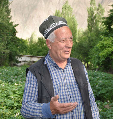 Azim Choragabov (65) in his garden in Pokhut village, Zerafshan valley, Northern Tajikistan.