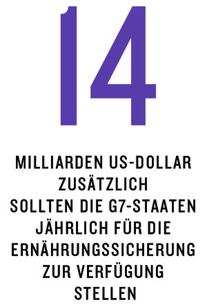 Grafik aus dem Kompass 2022: 14 Milliarden US-Dollar zusätzlich sollten die G7-Staaten jährlich für die Ernährungssicherung zur Verfügung stellen.