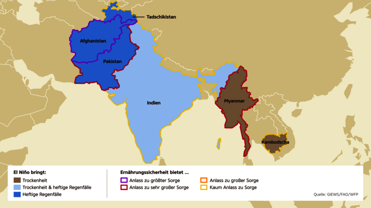 Erwartete Folgen von El Niño in Südasien und Südostasien Karte: El Niño bedroht einige Länder Asiens mit Dürre und Überschwemmungen