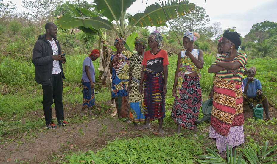 Mehrere Frauen und ein Mann besprechen sich inmitten eines Gemüsegartens.