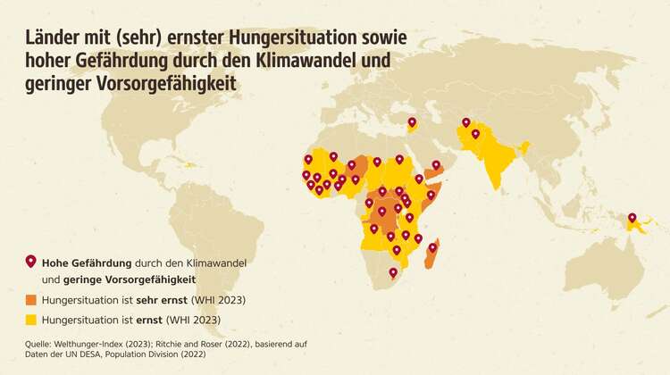 Klimaresilienz: Am meisten Probleme haben Länder mit ernster Ernährungslage, hoher Klimagefährdung und geringer Vorsorgefähigkeit. Grafik zur Klimaresilienz: Am meisten Probleme haben Länder mit ernster Ernährungslage, hoher Klimagefährdung und geringer Vorsorgefähigkeit.