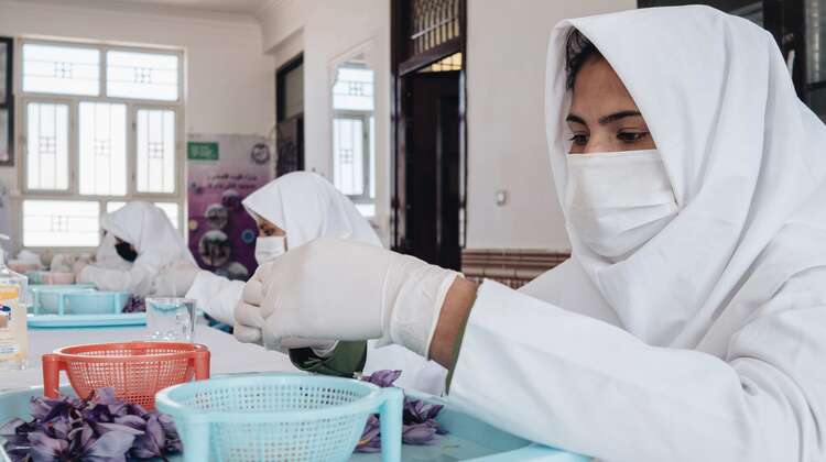 2021-safran-frauen-weiterverarbeitung-afghanistan-c-IlirTsouko.jpg Eine Frau mit Mundschutz sitz an einem Tisch.