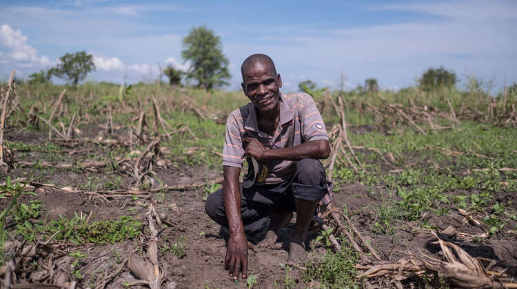 2019-nothilfe-nhamatanda-maisernte-mann-mosambik-tommy-trenchard-concern.jpg Ein Mann hockt auf einem Maisfeld und lächelt in die Kamera.