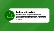 Infografik mit Text: Agile Arbeitsweisen – Wir setzen auf agile Prinzipien und Rahmenwerke, um einen iterativen, transparenten und kollaborativen Austausch über Hierarchien, Einheiten und Länder hinweg zu fördern.