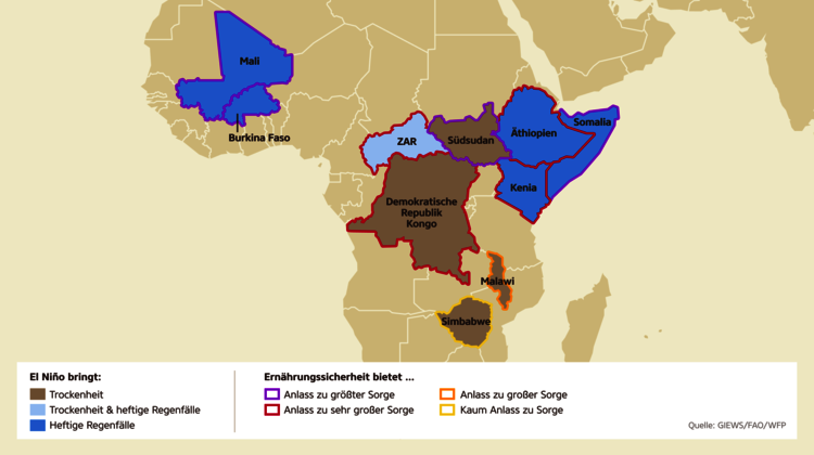Erwartete Folgen von El Niño für Afrika Karte: El Niño bedroht einige Länder Afrikas mit Starkregen oder Dürre
