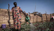 Eine Kleinbäuerin im Südsudan gießt ihre Pflanzen