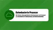 Infografik mit Text: Datenbasierte Prozesse – Wir arbeiten an Projekten zur Förderung datenbasierter Arbeitsprozesse wie Making Sense of Data, Personalized Dialogue und Data Security.