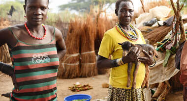 Eine Frau hält eine Ziege auf dem Arm in Moroto, Uganda.