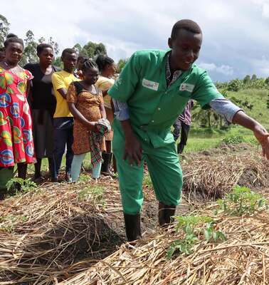 Ein Mann in grünem Overall zeigt jungen Menschen etwas auf einem Gemüsebeet.