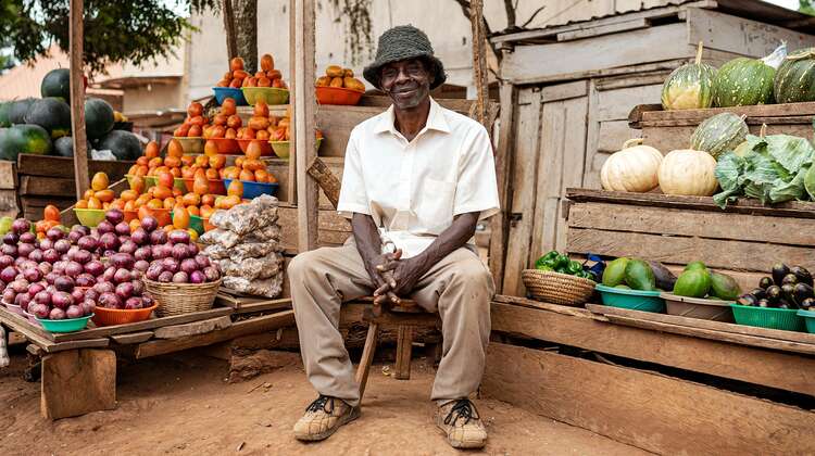 Ein Händler sitzt vor seinem Marktstand in Uganda, 2021. 