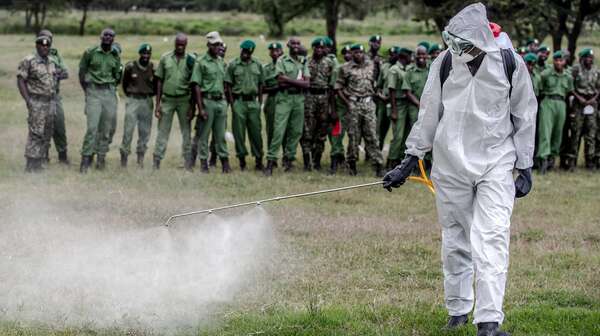 Ein Mann mit Sprühwerkzeug gegen Heuschrecken, Kenia, 2020.