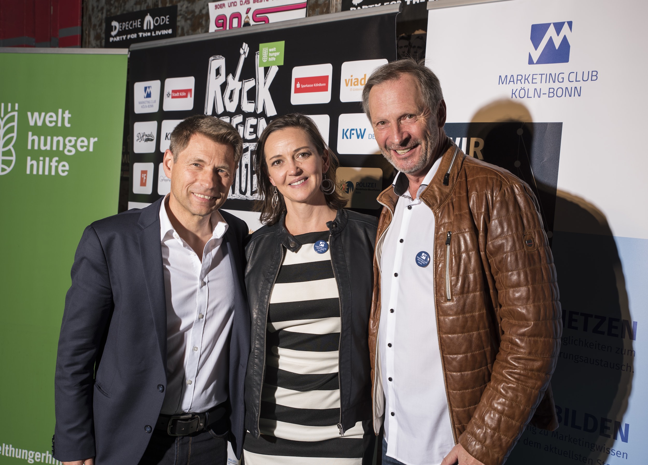 Von li. nach r.: Mathias Mogge, Generalsekretär der Welthungerhilfe, Irene Schönmann, Vorstand Kommunikation Marketing Club Köln-Bonn und Jürgen Linnenbürger, Vorstand Marketing Club Köln-Bonn bei Rock gegen Hunger 2019 in Köln. 