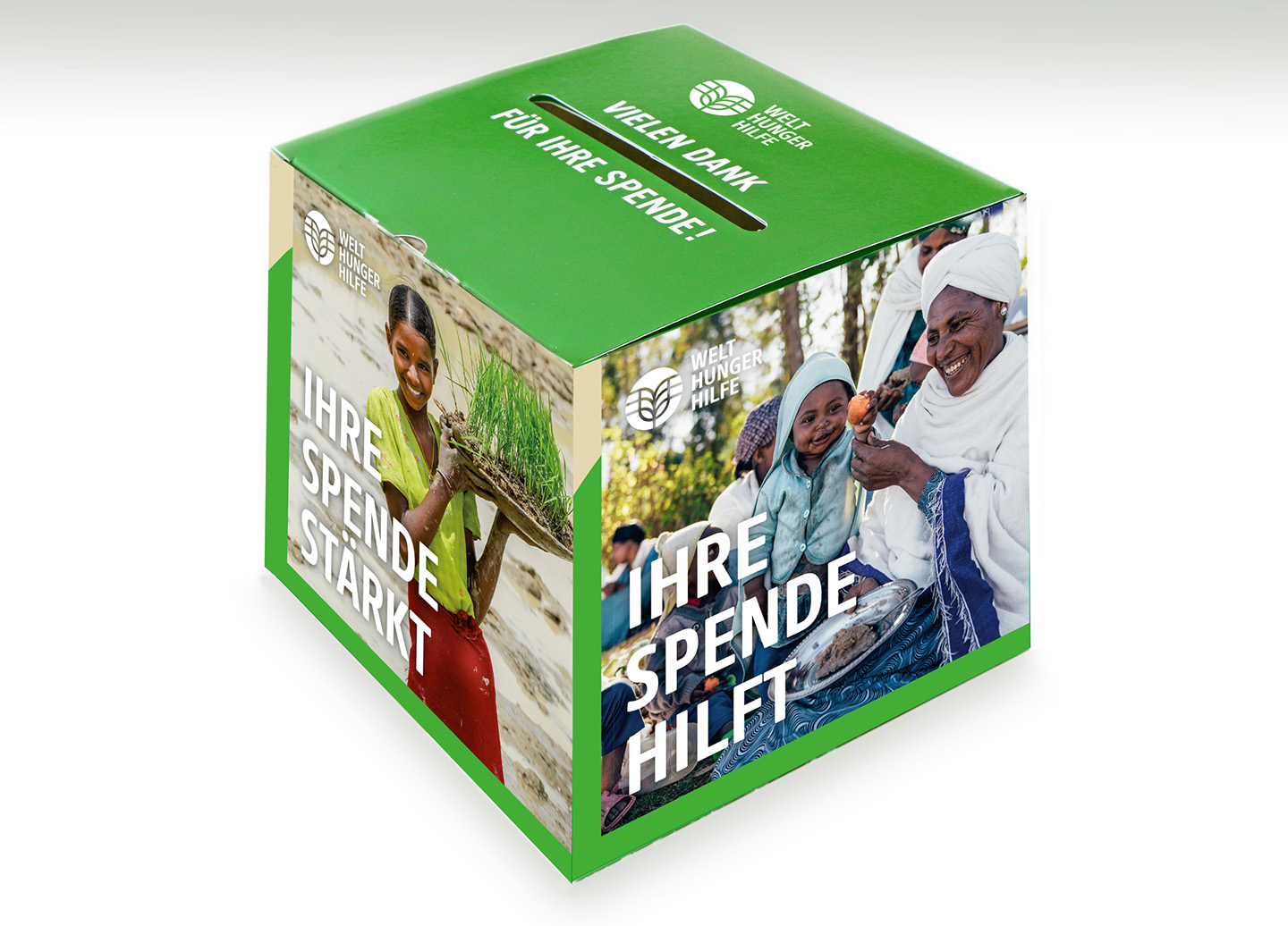 Abgebildet ist eine Spendenbox der Welthungerhilfe aus Pappe.