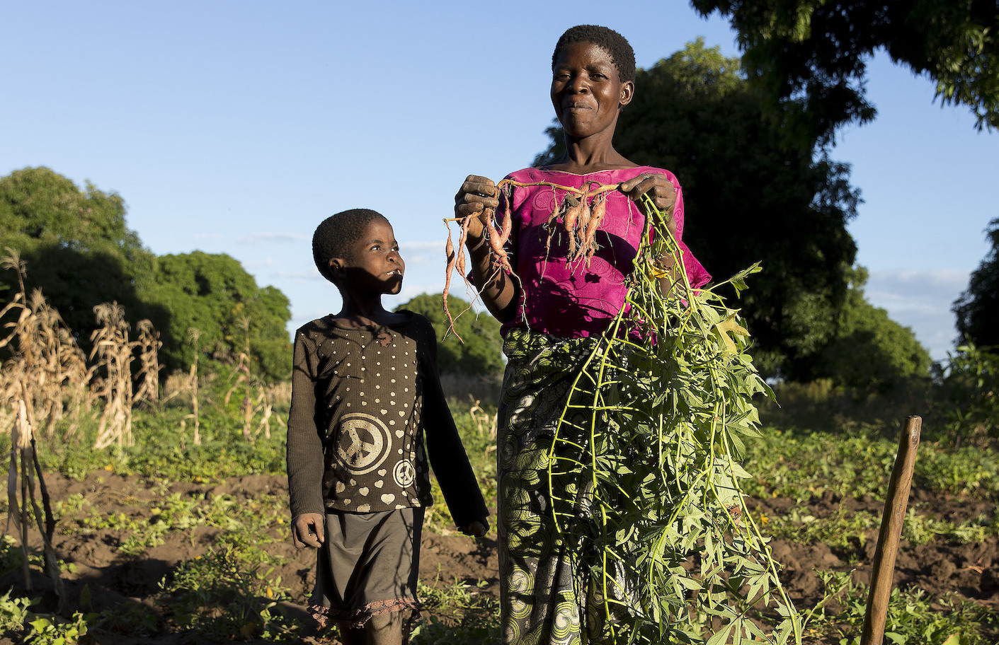 Eine Frau und ein Kind stehen auf einem Feld. Die Frau hält stolz eine Rübe in die Luft.