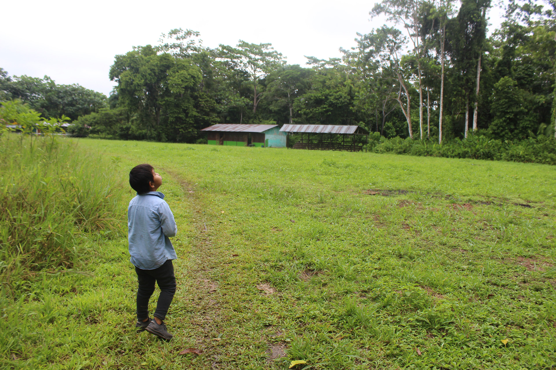 Ein Kind steht auf einer großen Wiese vor einem Haus, Peru 2022.
