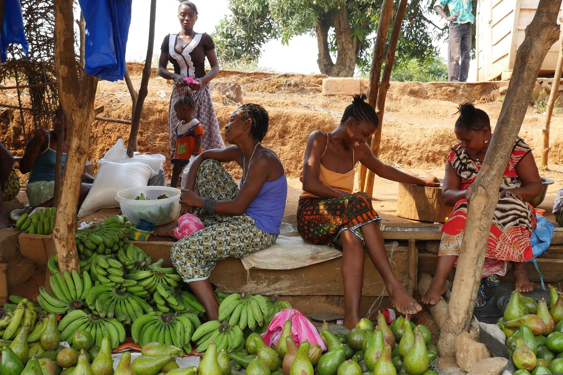 Marktfrauen sitzen an ihrem Stand und verkaufen Früchte