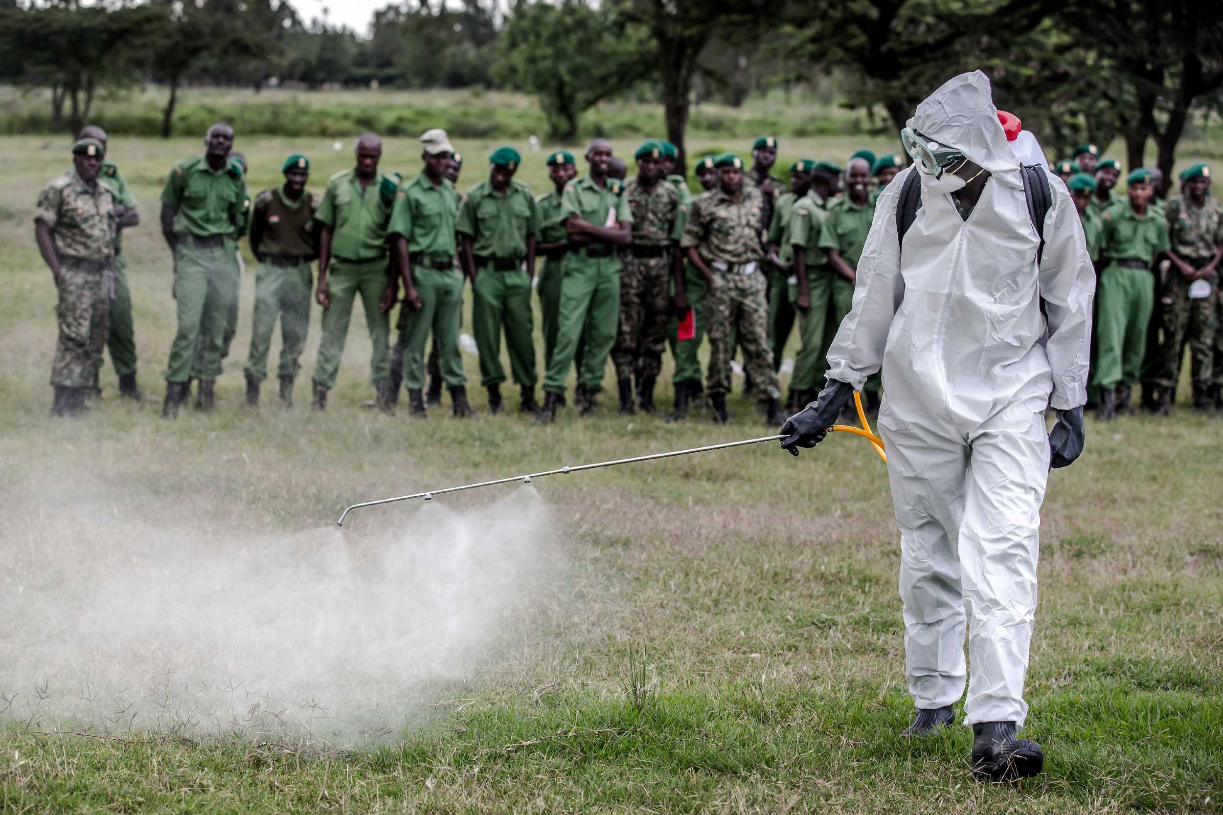 Ein Mann mit Sprühwerkzeug gegen Heuschrecken, Kenia, 2020.