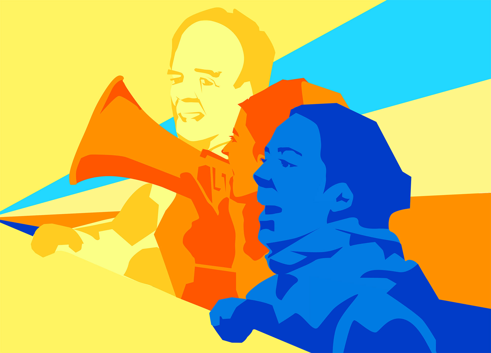 Visual der Großdemonstration gegen die G7-Politik. Es zeigt eine bunte Illustration dreier Menschen mit Megafon