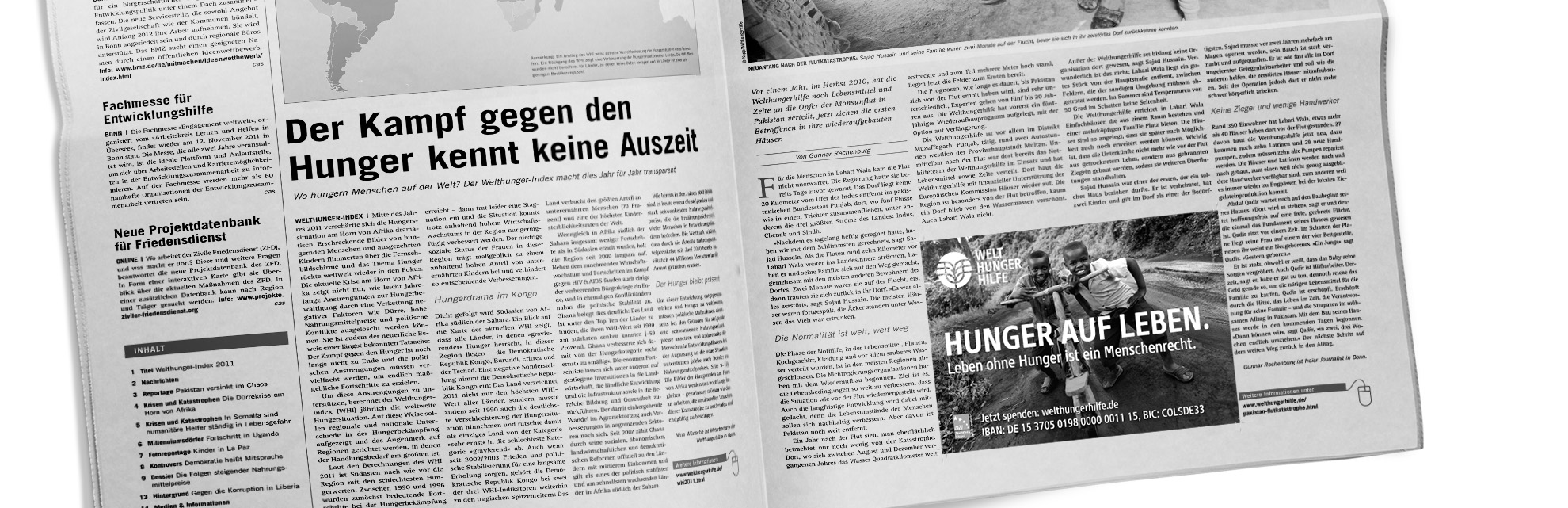 Eine aufgeschlagene Zeitung, rechts unten ist eine Werbung der Welthungerhilfe
