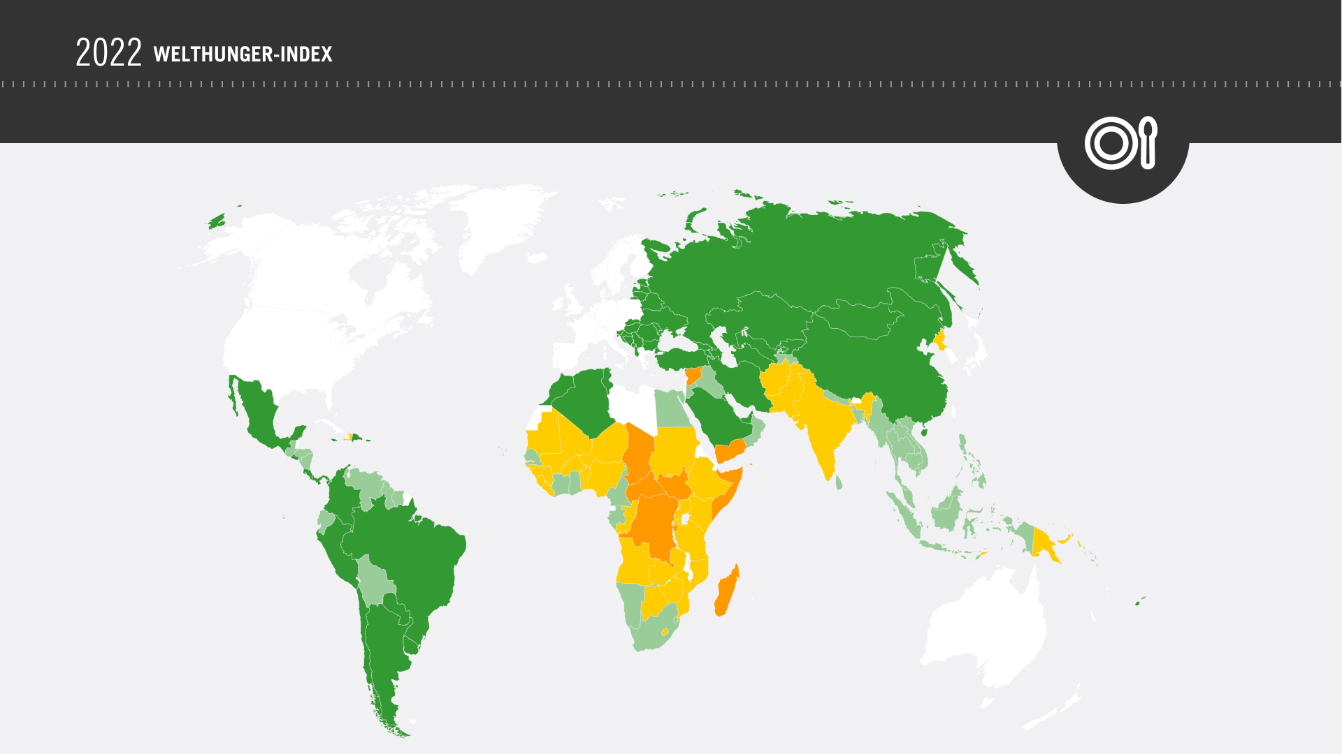 Weltkarte zum Welthunger-Index 2022: Länder sind in Grün, Gelb oder Orange eingefärbt je nach Hungersituation.