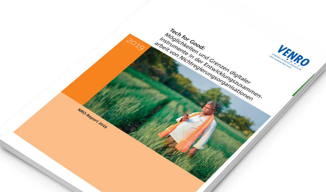 Titelbild des NGO-Report „Tech for Good: Möglichkeiten und Grenzen digitaler Instrumente in der Entwicklungszusammenarbeit von Nichtregierungsorganisationen“ 