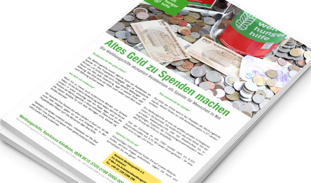 Abbildung des Infoblatts "Altes Geld zu Spenden machen". Neben dem Text des Infoblatts ist ein Foto von Münzen und Scheinen aus verschiedenen Ländern sowie eine Spendenbüchse mit Welthungerhilfe-Logo zu sehen.